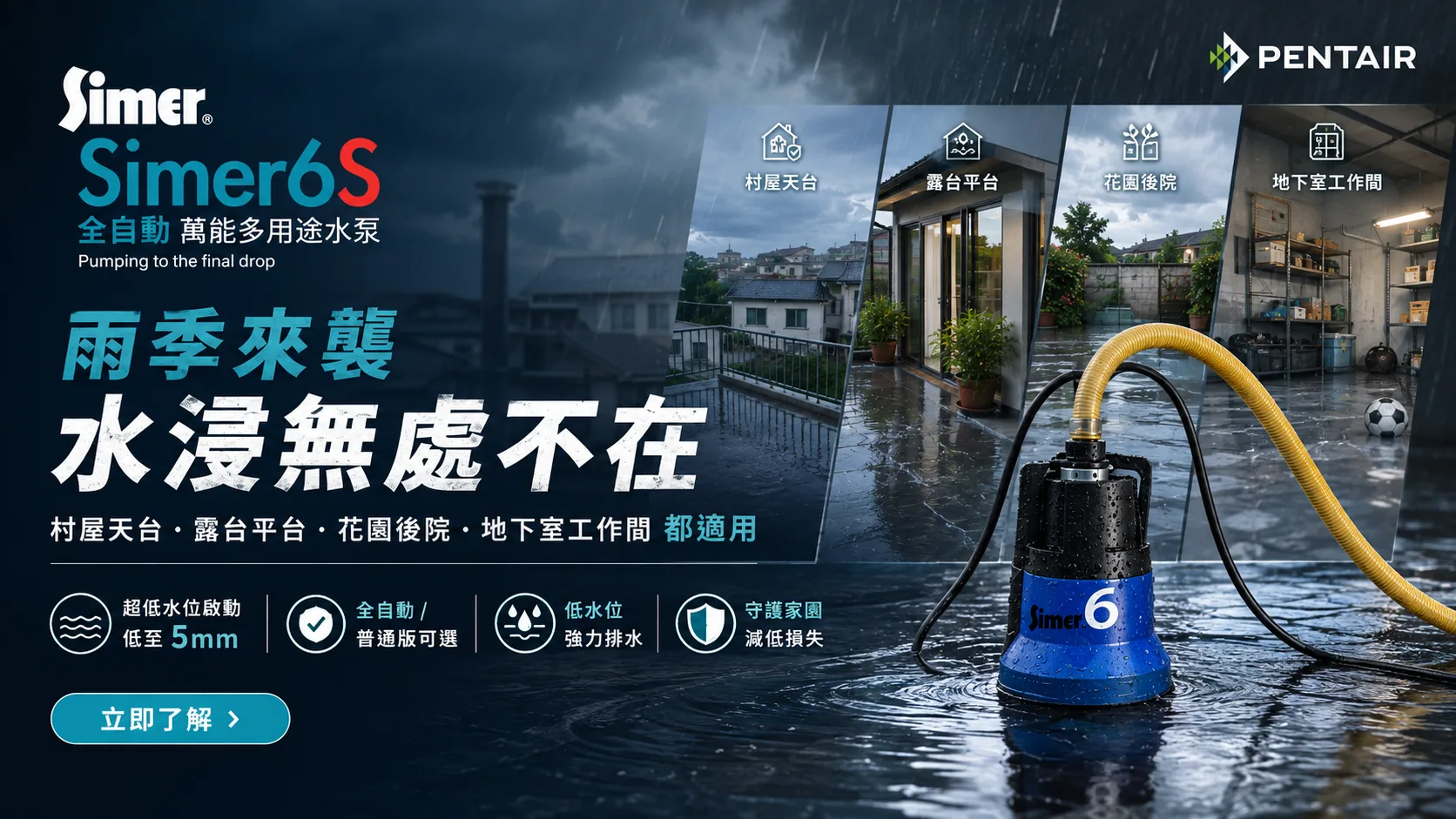 Simer 6S 全自動低水位水泵雨季排水宣傳圖